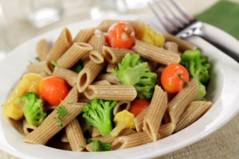 high fibre pasta salad made with whole wheat noodles