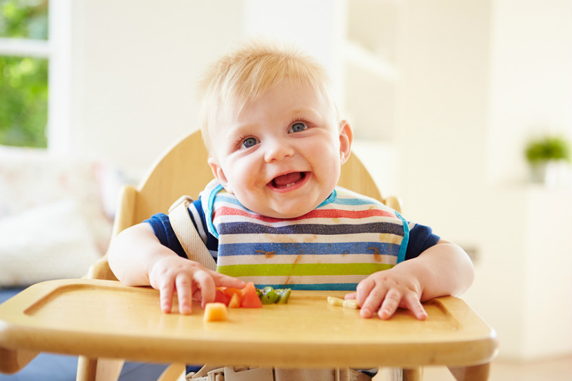 Bébé mangeant des aliments solides dans une chaise haute et utilisant l’approche de la diversification alimentaire menée par l’enfant